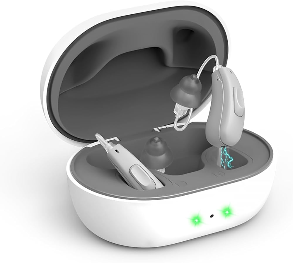 Appareils auditifs modernes avec étui de charge